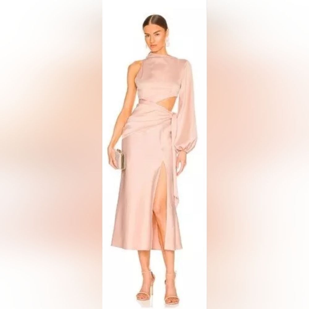 MISHA Maryan One Shoulder Formal Cut Out Midi Dress in Rose Pink Size 8 NWOT